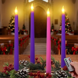 Battery Operated Advent Candles Set of 4 - Advent Taper Candles with Timer, 3 Purple and 1 Pink Flickering Taper Candle for Christmas Church Wreath Rituals