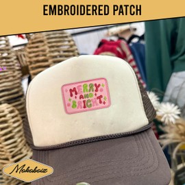 MOKOBOIZ Merry & Bright 3 Inches Iron On/Sew On Embroidered Applique Patches, Pink Holiday Embroidery Patches, DIY Accessories for Backpacks, Army Vests, Bags, Hats, Clothes, Gift for Boy Girl Friend