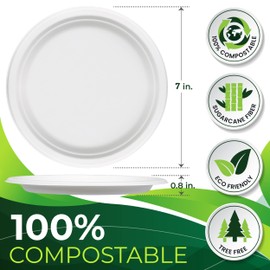 BIRCHIO 150PCS 100% Compostable Small Paper Plates(7 in), Heavy Duty Disposable Plates, Eco Friendly Appetize Plates, Dessert Plates, Biodegradable Plates Made of Sugarcane Fiber