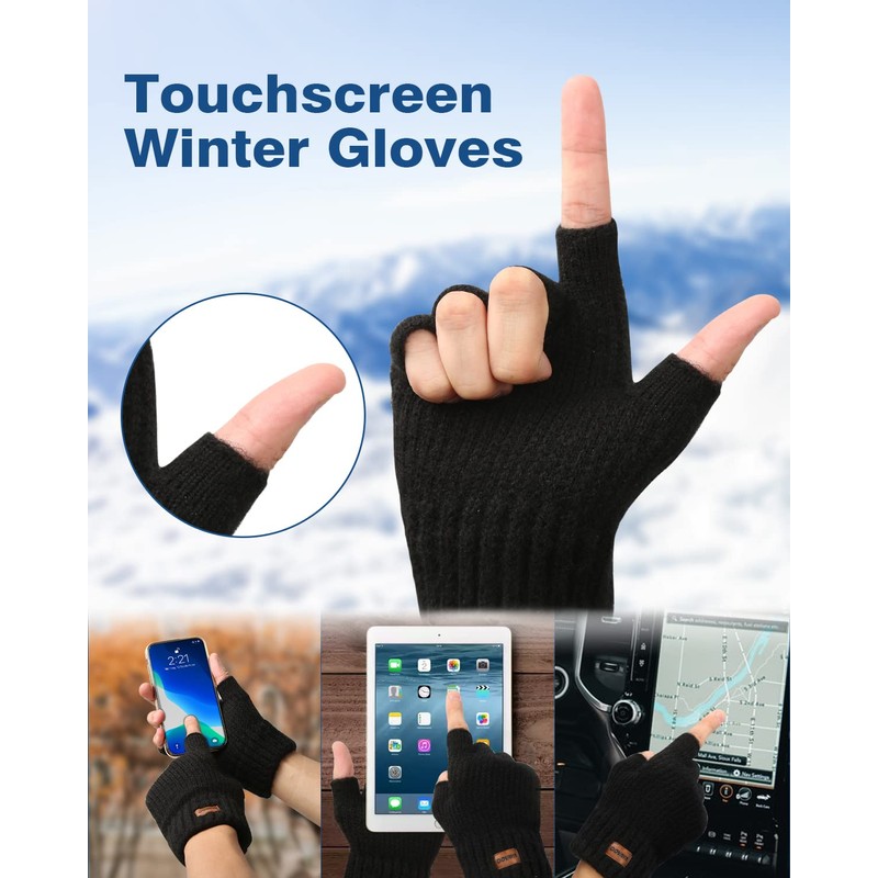 DOVAVA Fingerless Gloves for Men,Thermal Winter Touchscreen Kint Gloves for