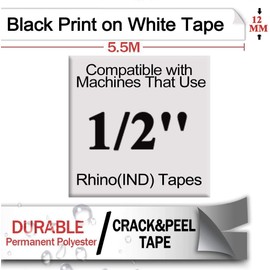 NineLeaf 10 Pack Black on White Permanent Polyester Industrial Label Tape Compatible for Dymo 18483 12mm 1/2" x 18ft Labeling Refill Cartridge use in Rhino 1000 3000 4200 5000 5200 6000 Label Maker