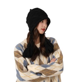XGOPTS Women Girls Warm Knitted Peruvian Beanie Hat Skull Cap Earflaps Hats Cute Handmade Knitting Beanie Hat with Pom Pom Black