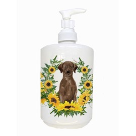 Caroline's Treasures CK2921SOAP Chocolate Labrador Retriever in Sunflowers Ceramic Soap Dispenser Hand Soap Dispenser Pump Bottles for Bathroom Kitchen, Empty Refillable Liquid Soap Container