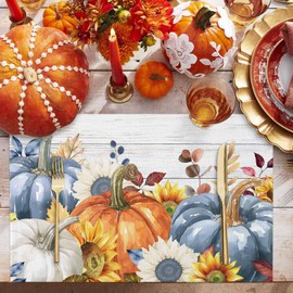 Fall Placemats Set of 4 Thanksgiving Table Mats, Farmhouse Pumpkin Sunflower Wood Seasonal Holiday Outdoor Dining Table Place Mats for Home Party Decoration(Blue Orange, 13"x19")