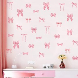 Pink Bow Wall Stickers 56PCS Light Pink Bow Knot Wall Decals Watercolor Room Mural Stickers Wall Art Decor for Girls Room Party Home Bedroom Nursery Valentine's Day Birthday Decor