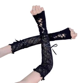 Arm Sleeves for Y2K Cute Women Gothic Lolita Fairy Grunge Fingerless Ripped Gloves Lace Straps White Black Cosplay (Black Long)