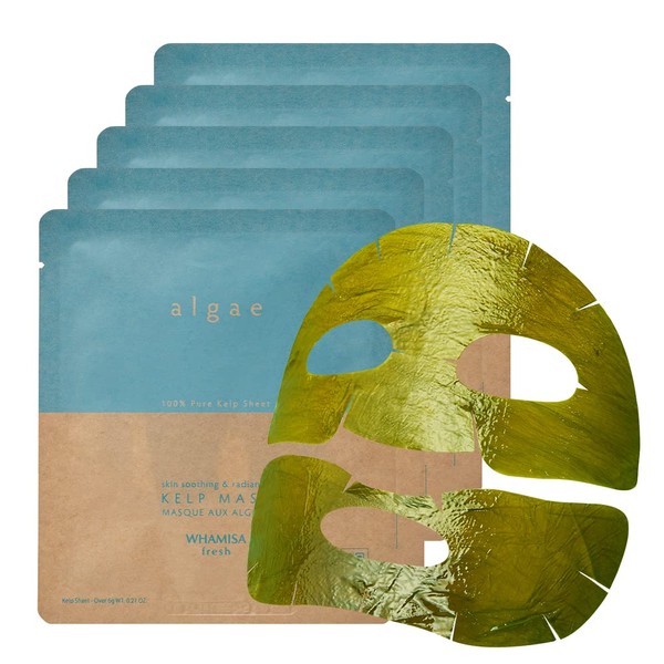 Whamisa Fresh Algae Skin Soothing & Radiance Kelp Mask Set (5EA), 100% Real Kelp made Organic Face Sheet Mask, Brightening Anti-Wrinkle, Moisturizing Sheet Mask, Skin Radiance, Texture, Tighten Pores, Korean Skincare