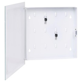 vidaXL White Key Box with Multipurpose Magnetic Board - Powder-Coated Steel and Tempered Glass Finish with 12 Hooks for Hanging Keys and Notes