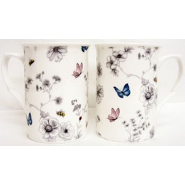 fromeuropewithlove Secret Garden Mugs Set of 2 Fine Bone China Flowers Butterflies and Bees Mugs Hand Decorated in the UK