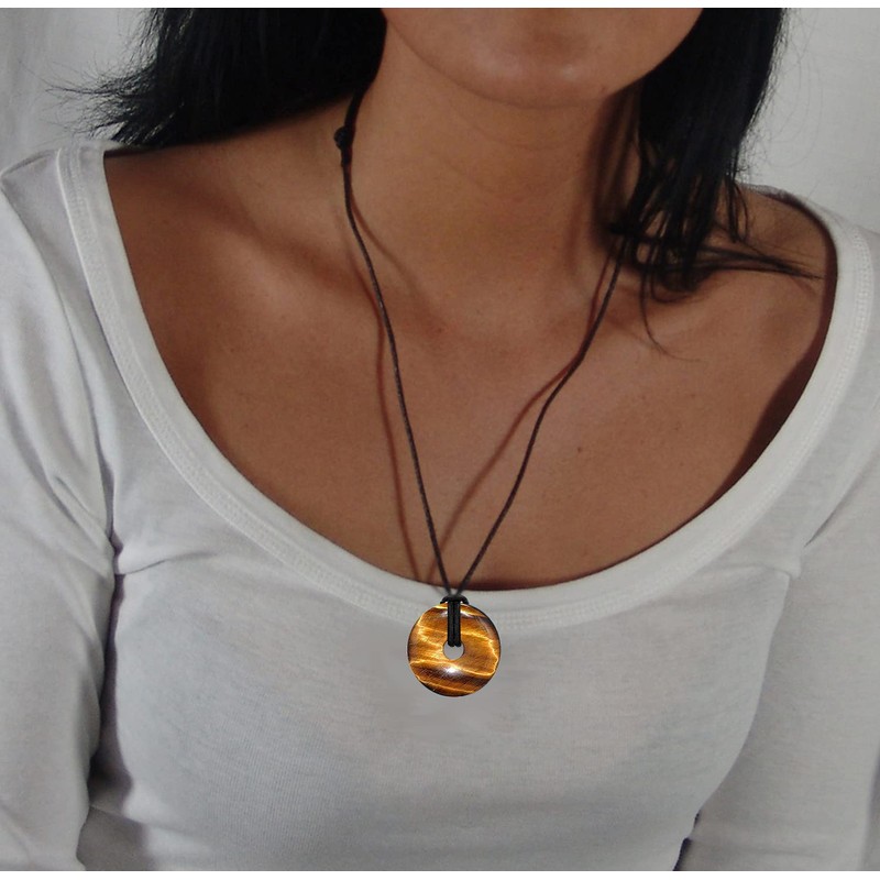Kaltner Presents Necklace Tiger Eye Gemstone Donut Pendant with Leather