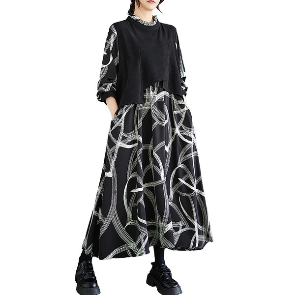 ellazhu Women's Dress Long Sleeve High Neck Random Strings Patchwork