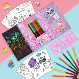 PowerKing Colorear Almohadillas Kit para Niñas, 60 Páginas para Colorear y 16 Lápices de Colores para Dibujar Pintar, Regalo de Cumpleaños para Niñas Niños (Gato páginas Set)