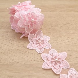 Organza Flower Trim 2 Yards Lace Edge Trim Ribbon, Vintage Edging Trimmings Fabric Embroidered Applique Sewing Craft for Wedding Dress Embellishment DIY Dress Decor, Gowns, Home Decor（Pink）