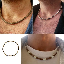 Simpleasure Natural Puka White Shells Necklace with Coconut Wood Beads Surfer Tropical Beach Chips Puka Shell Necklace Holiday Vacation Round Hawaiian Surfer Jewelry VSCO Stuff Adjustable (16in)