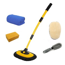 Sumoni Car Wash Brush Mop, Car Cleaning Products, Curved Bar Long Handle Car Wash Brush, Car Wash Kit, Dusting Car Wash Tool Accessories (1 Rag, 1 Sponge, 1 Wheel Brush, 2 Car Wash Mitts)