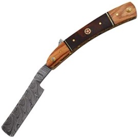 Old Ram Damascus Steel Straight Razor Shaving Cut Throat with Barber Sharpening Belt