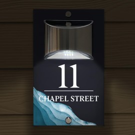 Custom Signs Solar Illuminated Modern Anthracite House Number Sign 24cm x 14.5cm Blue Wave Design