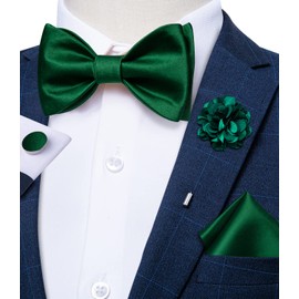 DiBanGu - Juego de pajaritas de color sólido para hombre, estilo formal de satén, pajarita de solapa, con bolsillo, cuadrados, gemelos de boda, fiesta, Verde, Talla única