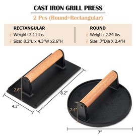 2Pcs Burger Grill Press Set (Rectangular + Round), Joyfair Smash Cast Iron Bacon Press, Professional Teppanyaki Fflat Top Griddle BBQ Kitchen Cooking Accessories for Patty Hamburger Steak Sausage
