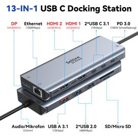 USB C Docking Station 2 Monitor Docking Station Dual HDMI 4K DP Triple Display Hub 10G, 13 in 1 Laptop Docking Station 2X 4K HDMI, Displayport, USB3.1, RJ45, 100W PD, Card Reader, Audio/Mic, Dock for
