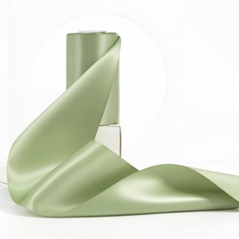 HUIHUANG Sage Green Ribbon 4" Wide Double-Faced Satin Ribbon Spring Moss Green Thick Fabric Ribbon for Chair Sash Wedding Decor Large Bows Making Flower Bouquet Sewing Wreath Crafts -10 Yards/Roll