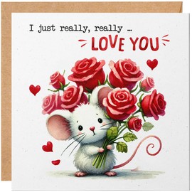 Romantic Valentine's Day Card - Cute Mouse with Roses - Anniversary Card for Wife, Husband, Girlfriend or Boyfriend - I Love You Valentines Card