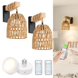 Espossi Battery Operated Wall Sconce, Boho Battery Wall Sconces Set of 2, Rattan Farmhouse Wall Lamp with Remote Control, Dimmable Wireless Wall Light for Bedroom, Living Room, Entryway