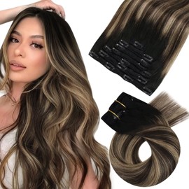 Moresoo Clip in Hair Extensions Human Hair Balayage Ombre Black to Brown Human Hair Women Clip in Extensions Balayage Real Hair Extensions Clip in Human Hair 18Inch/7PCS/120G