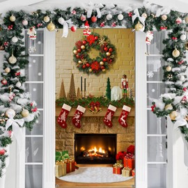Blosssound 6 x 3 ft Christmas Fireplace Backdrop Winter Door Banner Christmas Tree Sock Photography for Indoor Outdoor Xmas Party Decor Fireplace Door Cover Wall Background Photo Studiosupplies