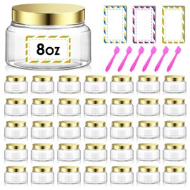 36 Pack 8 oz Plastic Cosmetic Containers With Lids Refillable Clear Empty Travle Jars Containers for Body Butter,Sugar Scrubs,Cream,Lotions,Candy, Waterproof Label&Spatulas - (Gold)