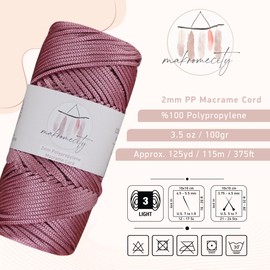 Makromecity, Polyester Macrame Cord 2mm x 375 Yards (1125 feet) 3 skeins of 2mm Polypropylene Dusty Rose Macrame Cord Crochet Macrame Bag Cord Crafts for Wall Hangings, Bags, Underplate, Rug