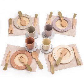 ROBUD Wooden Play Kitchen Dishes Set, 29PCS Kids Toy Plates and Cutlery for Pretend Play Food Kitchen Set, Toy Kitchen Accessories, Kids Toys Gifts for Girls Boys (4-Set)