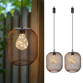TRIROCKS Set of 2 Hanging Lamp Battery Operated Hanging Light Cordless Pendant Lamp Metal Mesh Lanterns with 6 Hours Timer for Bar Bedroom Living Room Garden Patio Parties Indoors Outdoors (Black)
