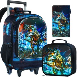 4PCS Rolling Backpack for Boys,Kids Dinosaur Backpacks with Roller Wheels, Wheeled Bookbag with Lunch Box for Toddler Elementary School