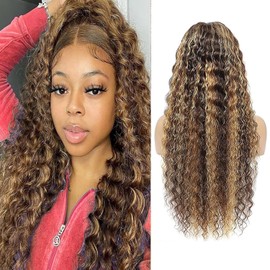 Xojao 30Inch Highlight Water Wave HD Lace Front Wigs Human Hair 10A Deep Curly Honey Blonde 13x4 Transparent Lace Frontal Wigs P4/27 Wet And Wavy Wigs Human Hair for Women 180% Density (Highlight)