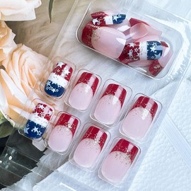 24Pcs Independence Day Press on Nails Short Square Nails French Tip Fake Nails with Glitter Designs 4th of July Acrylic Nails Red Blue Star Stick on Nails Patriotic False Nails for Women Nail Art