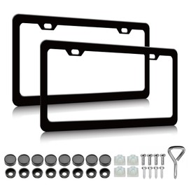 2 Pack Matte Black License Plate Frames - Aluminum Metal License Plate Holder for Men Women Car Tag Frame with Screws Fasteners Caps (2 Holes)