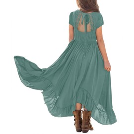 MITILLY Girls Boho Lace Flower Backless Crew Neck Short Sleeve Ruffle Swing Maxi Dress with Pockets 12 Years Light Green