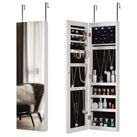 Elevon Hanging Mirror Jewelry Cabinet with Storage, Sliding Full Length Mirror Jewelry Armoirer, Wall-Mounted Cabinet Door-Mounted Jewelry Organizer with Interior LED Lights - White