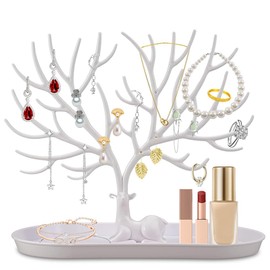 Tree Tower Rack Hanging Organizer, Jewelry Deer Stand, Jewellery Organiser Stand, Antlers Decorated Jewelry Tree, Hanging Organiser Rack Tower Suitable for Necklaces, Rings, Earrings White