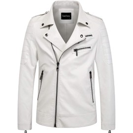 chouyatou Men's Vintage Asymmetric Zip Lightweight Faux Leather Biker Jacket (Small, White)