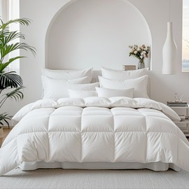 Down Feather Comforter Queen Size Luxurious Duvet Insert All Seasons Hotel Collection Fluffy Comforter, 46 Oz Fluffy Medium Warmth, 90 x 90 White