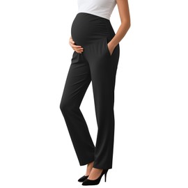 Sweetyweee Women's Maternity Pants Over The Belly Pregnancy Clothes for Work Stretchy Straight Dress Pants with Pockets(Black,Large)