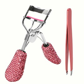 Pink Eyelash Curlers with Slant Tip Tweezer Pink Bling Crystal Rhinestone Eyelashes Curls for Dramatic Long Lasting Seamless Brilliant Eyes, Best Bedazzled Makeup Stuff Things For Mascara Asian Beauty