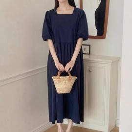 Square Neck Long Plus Size Maternity Dress Navy 2ea