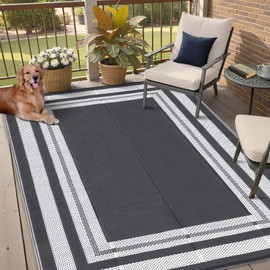 GAOMON 9x12 Outdoor Rug for Patios Waterproof Plastic Straw Rug Reversible Mat Modern Bordered Lightweight Carpet for Patio Porch RV Backyard Pool Deck Picnic Beach Trailer Camping Border-Grey/White