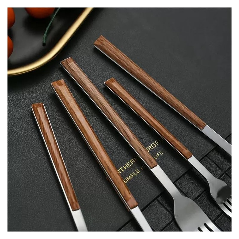 Stainless Steel Cutlery Set with Wooden Handles, 5-Piece Dining Set,