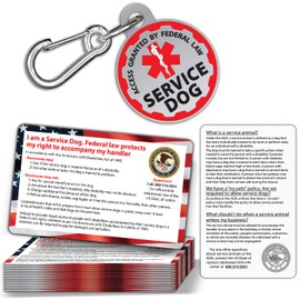 Service Dog ID Tag + 50 ADA Information Cards - Metal Dog Tag is Double-Sided and Durable for Service Animal Vest, Blind Dog. Service Dog Information Cards are 2-Sided. Incudes Metal Ring for ID tag