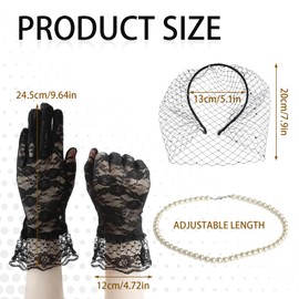 Black Mesh Veil Fascinator Headband with Rhinestones, 1920s Headpiece for Women, Suitable for Tea Party, Church, Birthday Party, Masquerade, Carnival, with Lace Gloves and Pearl Necklace