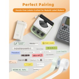 MakeID L1 E1 Q1 Label Maker Tape Refills, 16mm x 4m (0.63" x 13') Continuous Sticker Thermal Laminated Waterproof Self-Adhesive Multipurpose Labeling Tape Replacement